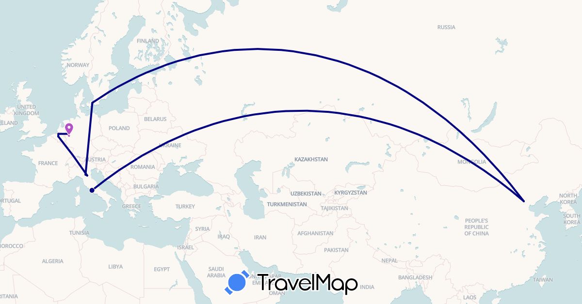 TravelMap itinerary: driving, train in Belgium, China, Germany, Denmark, Italy (Asia, Europe)